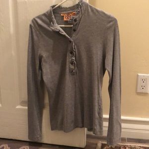 TORY BURCH Lidia Ruffle Gold Logo Buttons Long Sleeve Grey MEDIUM
